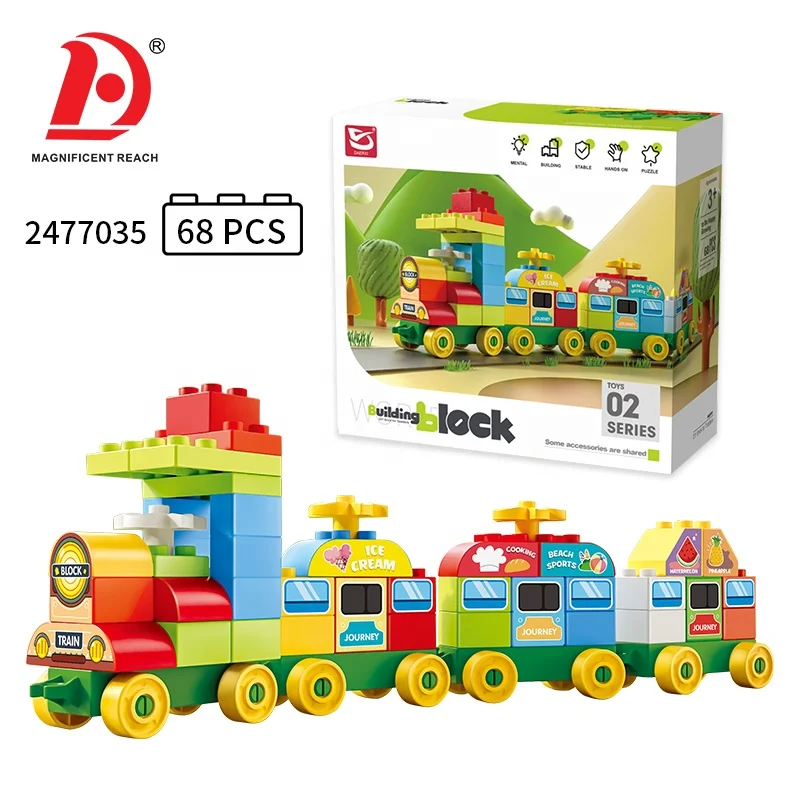 HUADA 2023 Children DIY Assembled 68pcs Big Size Building Block Train Toy Set With Stickers
