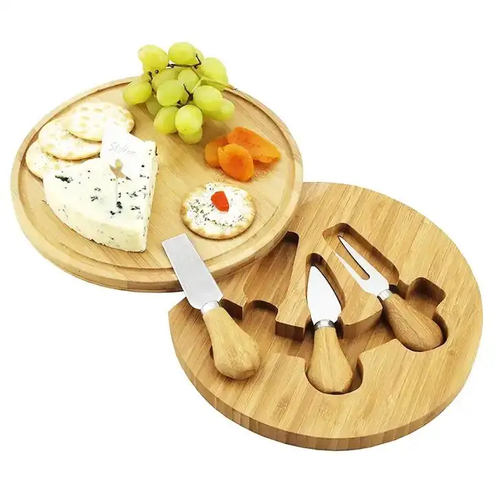 Cheap Homeware Small Round Premium Bamboo Cheese Bamboo Sausage Cutting Board Charcuterie and 3pc Knife Set with Cutlery Set