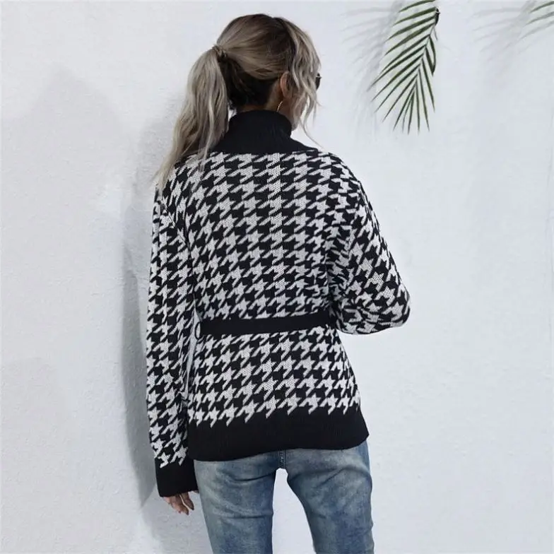 2021 Cardigan Sweater Long Sleeve Geometric Houndstooth Design Knitted Small Fragrance Korean Clip Cardigan Top For Women