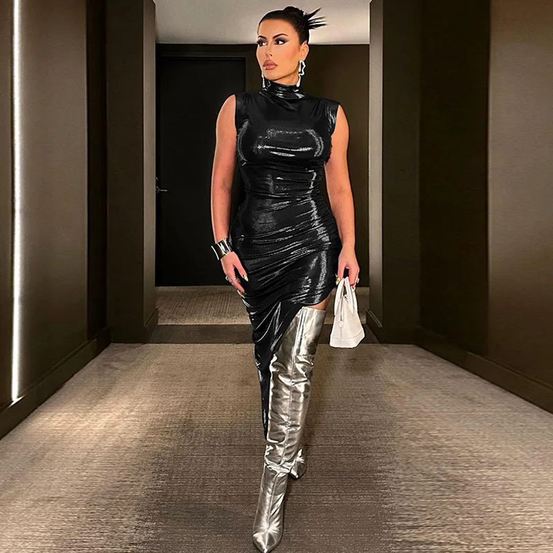 Plus size new designs 2023 Summer Pu woman dresses sexy Bodycon club wear knee Sexy split irregular Dress