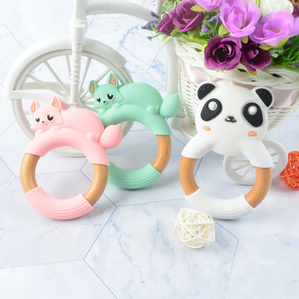 Wholesale Eco-friendly Non-toxic Panda Fox Wooden Ring Anti-eating Hand Wear-resistant Drop-resistant Baby Silicone Teether