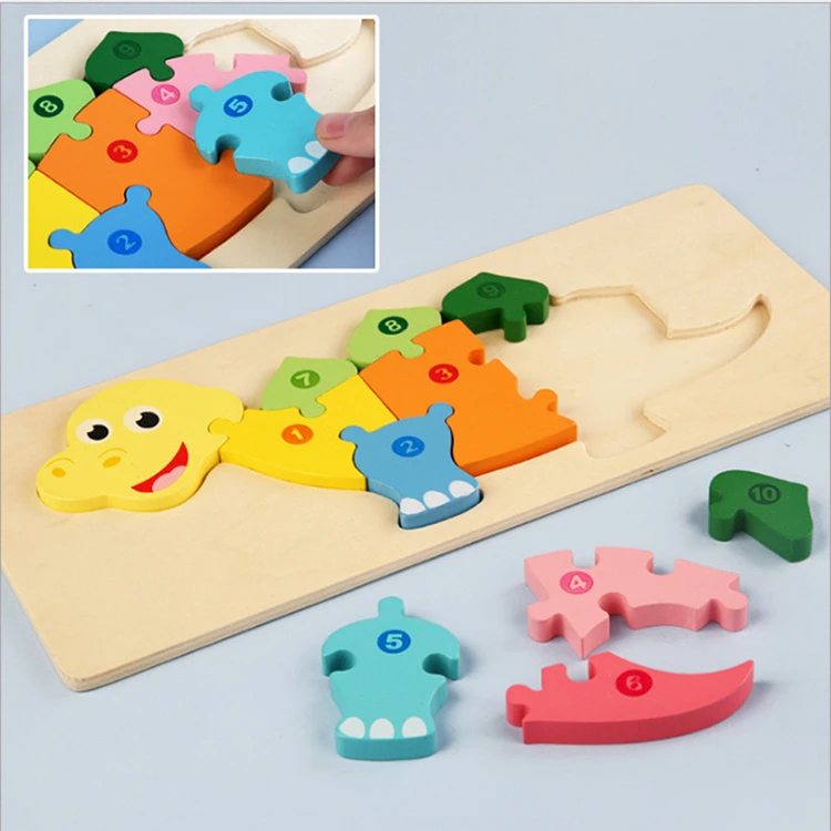 Teka teki 3-year-old children wooden animal puzzle 3d puzzle hand grasping board dinosaur digital building block toy