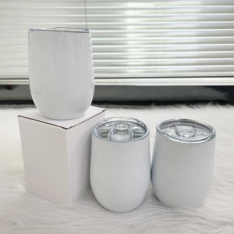 Hot Sale 12oz Sublimation Wine Tumbler Egg Shape Insulated White Blank Wine Glass Stainless Steel Coffee Mug with Lids