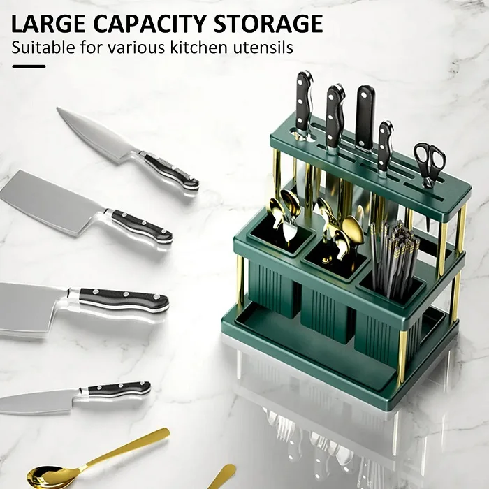 Kitchen Knife Holder Multi-Function Cutter and Cutlery Drainer Rack PP Space Saving Kitchen Utensil Organizer Rack