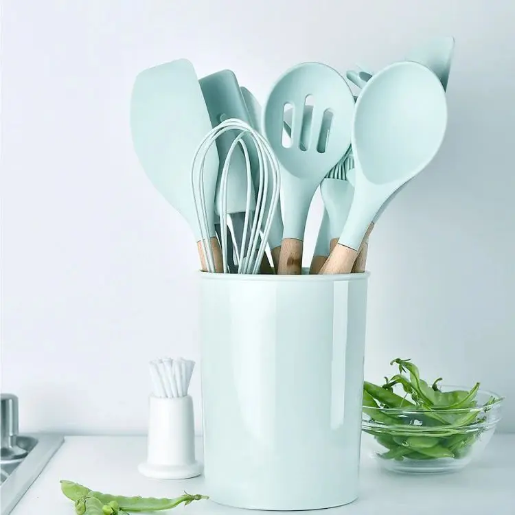 Eco-Friendly 12 Pieces In 1 Set Silicone Kitchenware Set Wooden Handle Kitchen Utensil Set