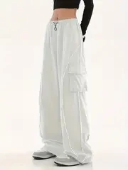 Custom Unisex High Quality Sports Running Oversized Windbreak Track Pants Flap Pockets Wide Leg Piping Nylon Cargo Pants