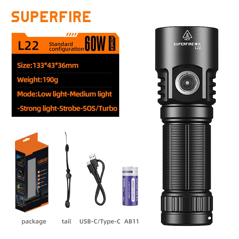 5000 High lumens super bright 60w flashlight L22 Powerful Rechargeable Flashlight Torch long run time for outdoor working