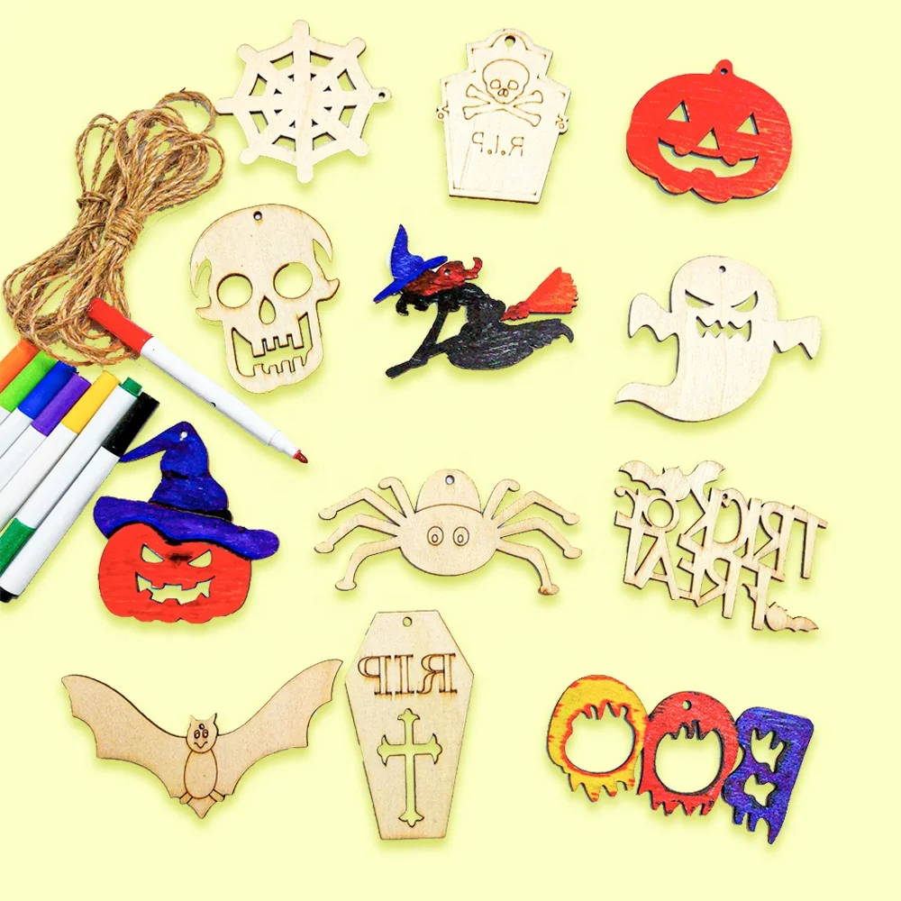 Paint Your Own Halloween Wood Pendant Diy Arts & Crafts Creative Painting Kit For Kids Unfinished Halloween Accessories
