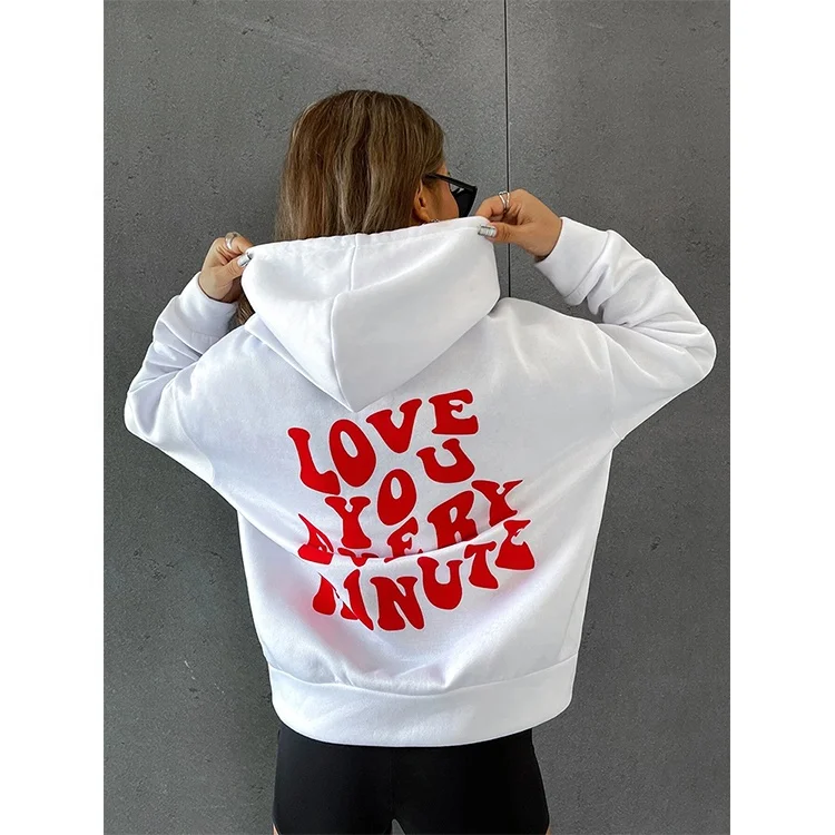 Streetwear Winter Long Sleeve Drawstring Pullover Ladies Short Sweatshirt Letters Print Drop Shoulder Warm White Crop Hoodie