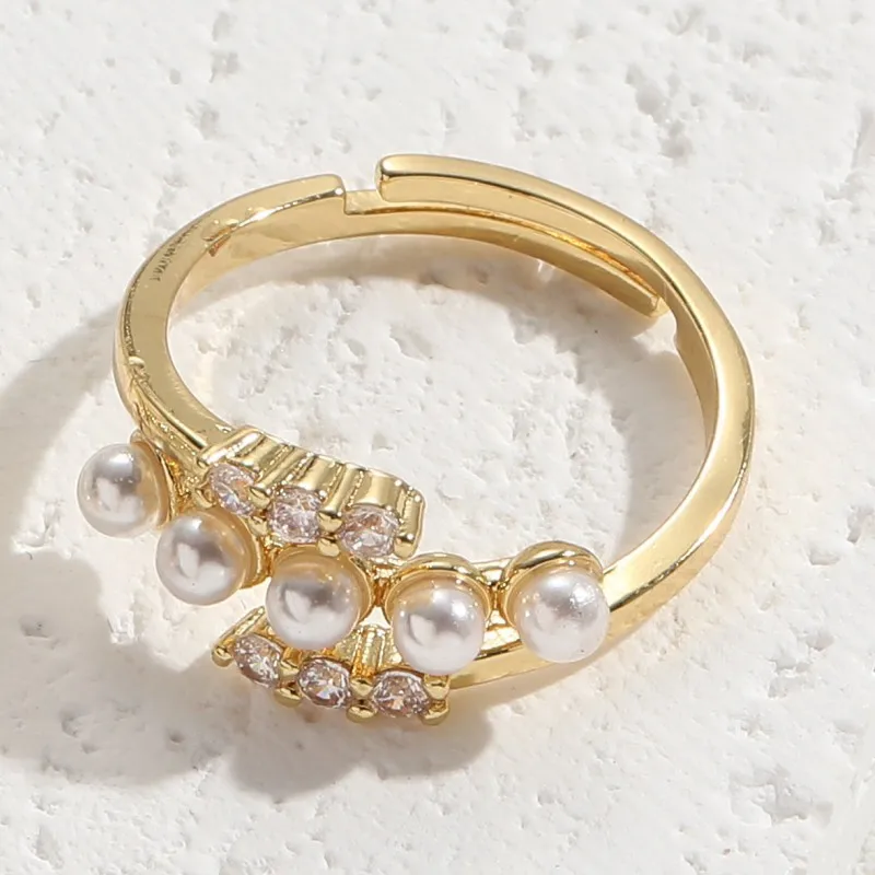 Single double row zircon pearl ring ins wind light luxury elegant temperament copper plated 14K gold ring jewelry women