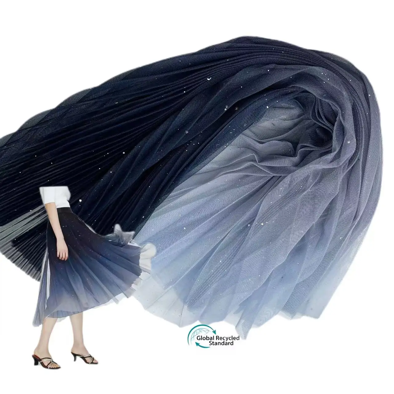 New elegant gradient color shinny pleated tulle 100 nylon fabric for girls long party dresses