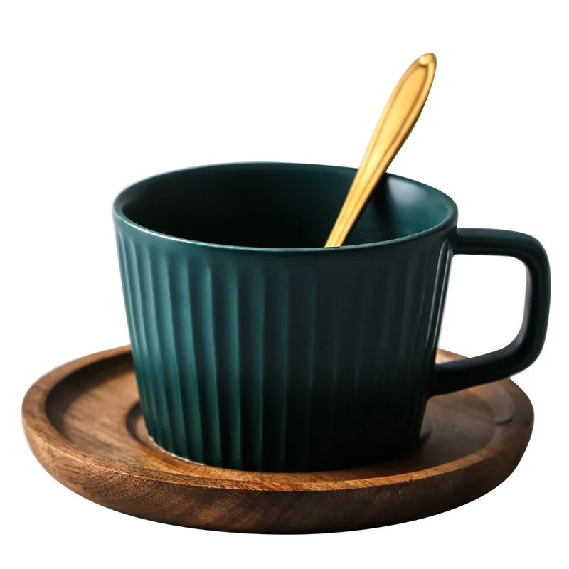 Embossed Stripes Ceramic tea cup with wooden saucer Wholesale japanese cup and saucer Vintage tea cups & saucers Minimalist