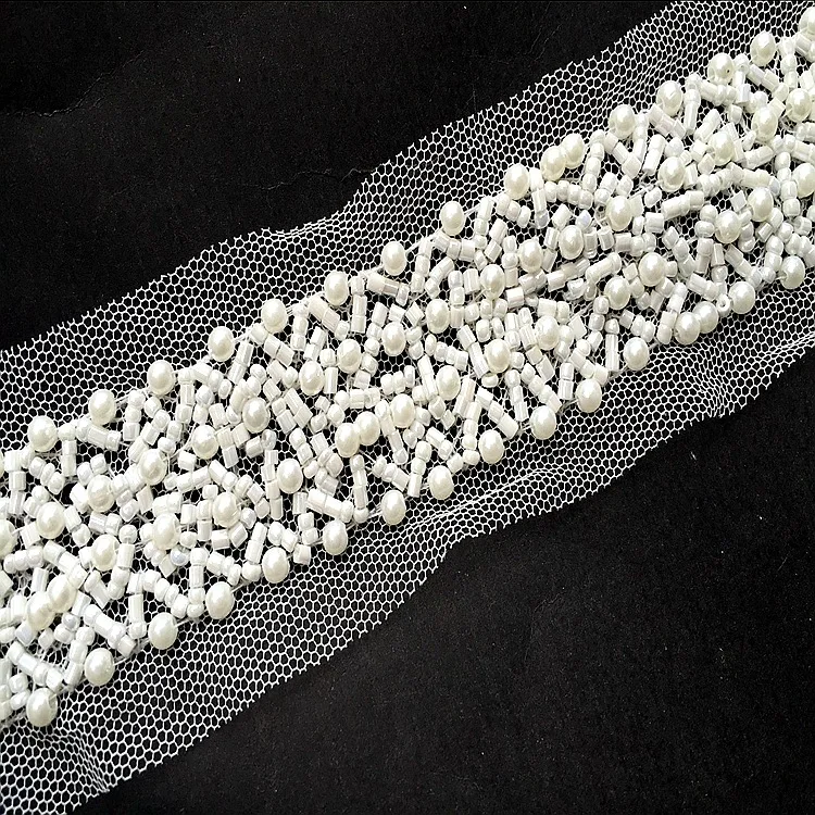 
GUGUTREE Pearl Beaded Lace Edge Trim Vintage,beads laces trim Ribbon,Bridal Dress Tassel DIY accessory appliques,KZ1902 