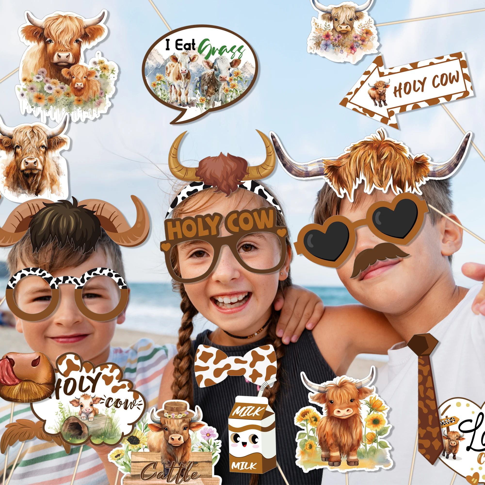 Huancai 25 PCS Highland Cow Photo Booth Props with Sticks Western Party Selfie Props Kit for Kids Birthday Party Supplies