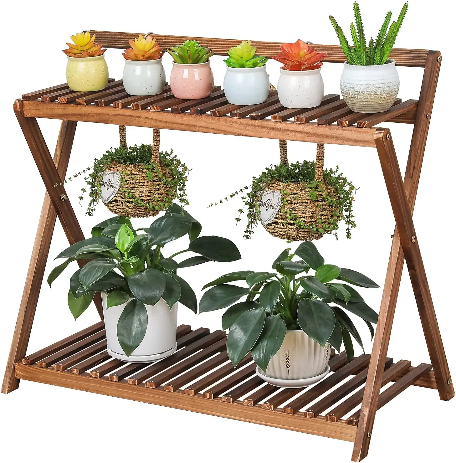 Indoor Plant Stand for Multiple Plants 2 Tier Wood Corner Plant Shelf Rack with Planter Hanger Outdoor Flower Pot Stand Holder