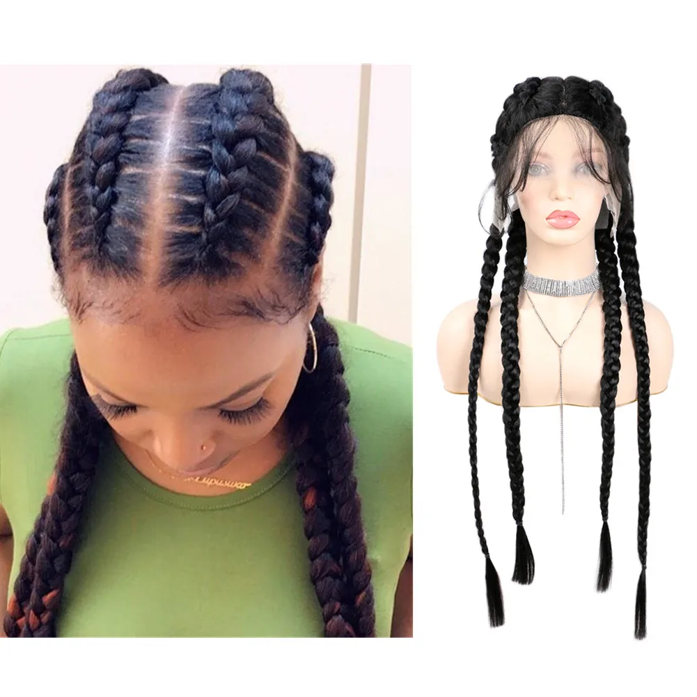 New Arrival 32 inches 4 Cornrows Braid with Baby Hair French Braid Cornrow Hairstyle for Africa Women Synthetic Lace Front Wig