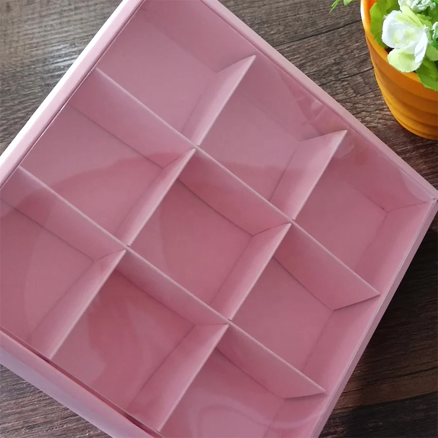 Wholesale handmade creative pink chocolate box with dividers transparent window gift pastry packaging box christmas sweet boxes