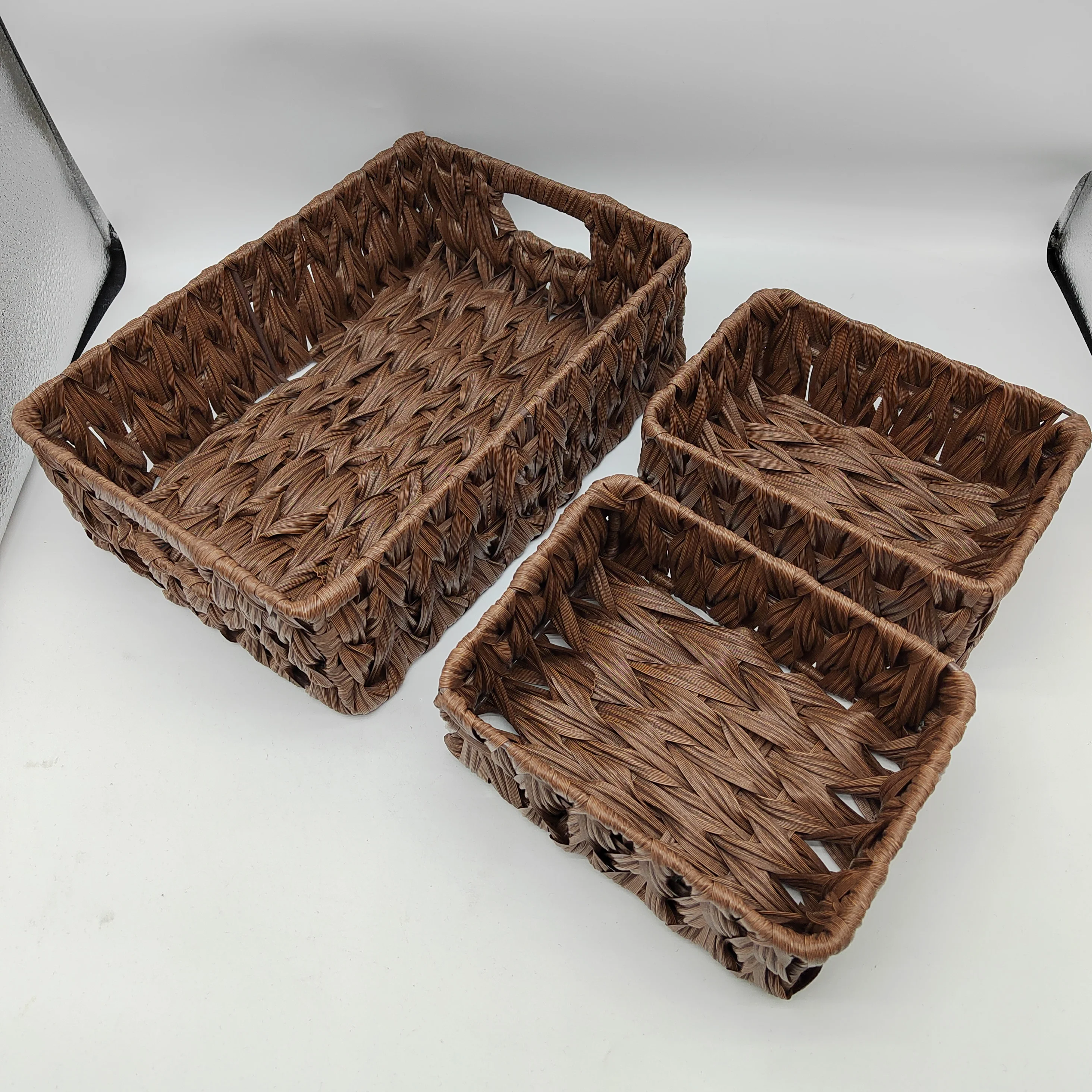Pack of 3 Wicker Baskets for Storage, 1 Large Wicker Storage Box and 2 Small Wicker Baskets Waterproof, Bathroom Counter Storage