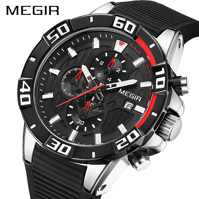 MEGIR 2121 Chronograph Sports Watch Men Big Dial Waterproof Military Quartz Wrist Watch Man with Silicone Strap