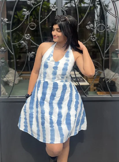 Blue Stripe Halter Neck Cotton Casual Dress Indigo Shibori customized fit offers versatility and style for any occasion