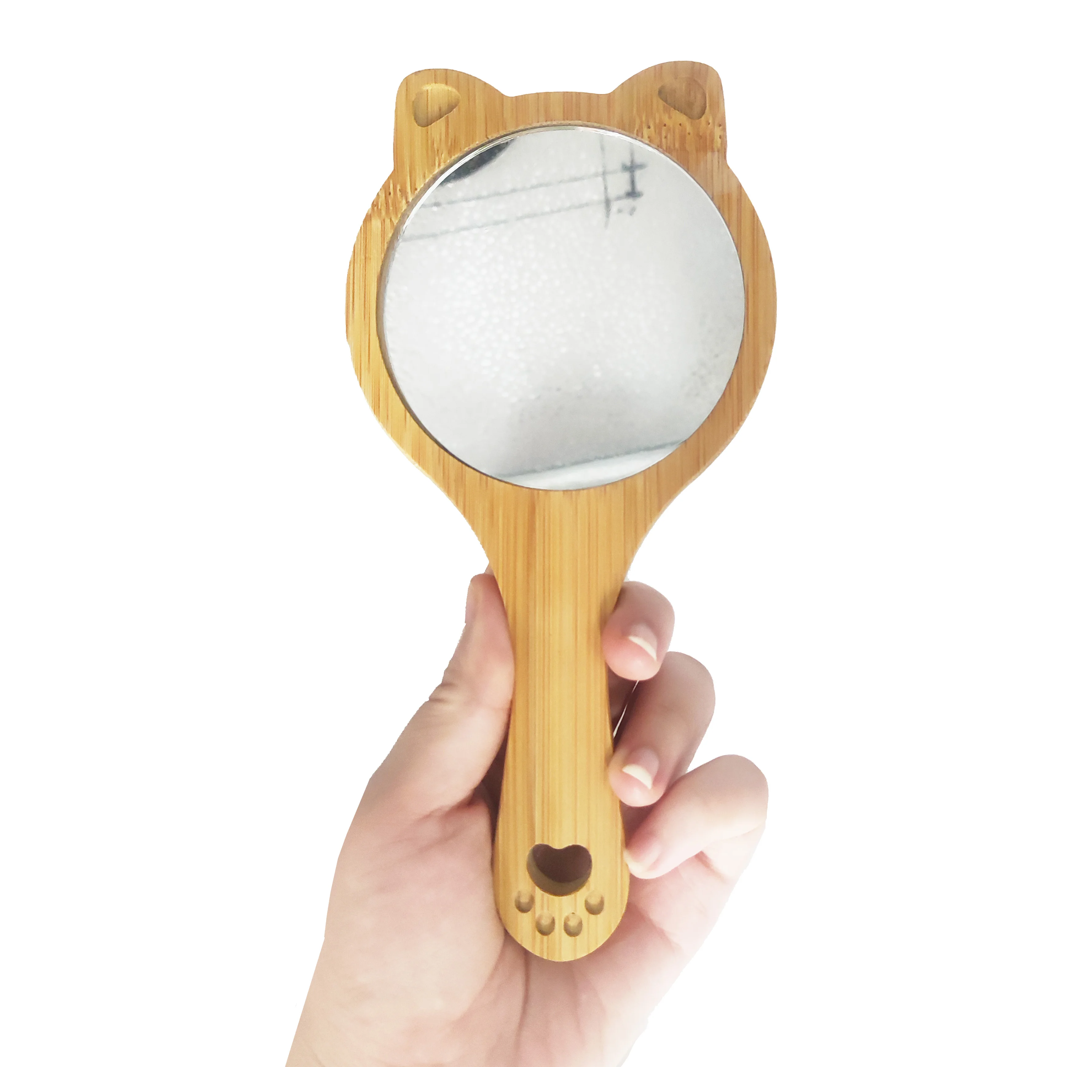 A Customized Logo Eco-friendly Bamboo Round Design Pocket Mirror Makeup Hand Mirror For Girls Gift Beauty Cosmetic Tools