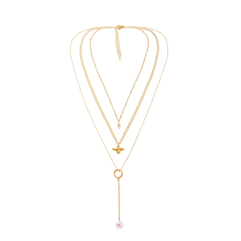 
 New Style Stainless Steel Gold Pendant Three Layers Bee And Flower And Pearl Ladies Multi-Layer Necklace  