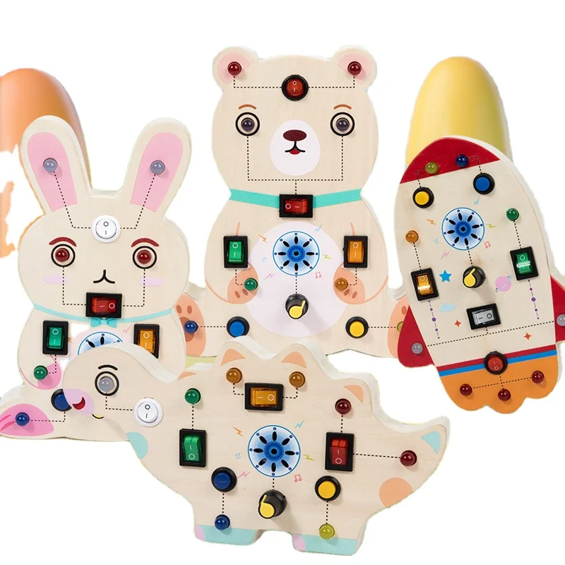 Newest Montessori Animal LED Light Busy Board Switch Toys With Buttons To Push Educational Wooden Toy For Kids