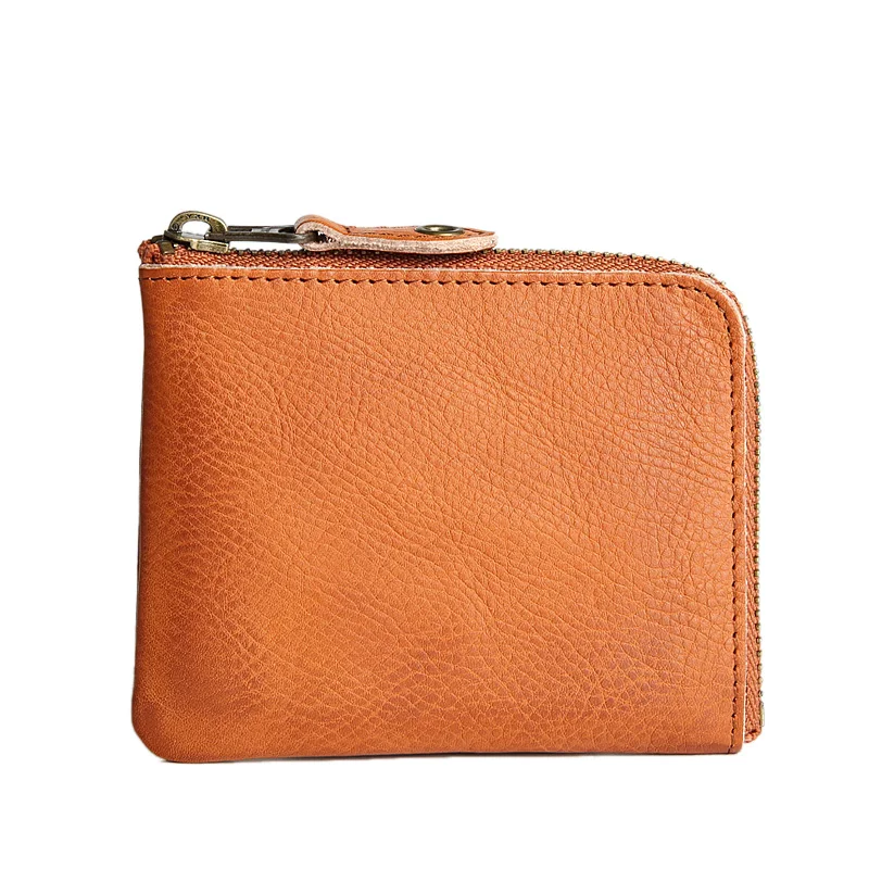 Vintage Handmade Genuine Leather Simple Cards Organize Wallet Small Coin Pouch Zipper Hand Purse