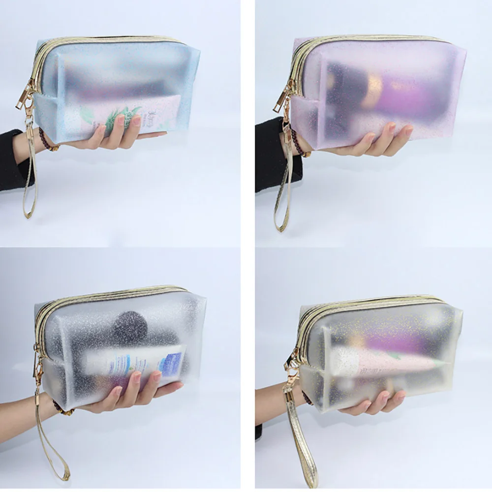 Wholesale Translucence Glitter Waterproof Makeup Cosmetic Bag with Wrist Strip Jelly Color Semi Transparent Toilet Pouch