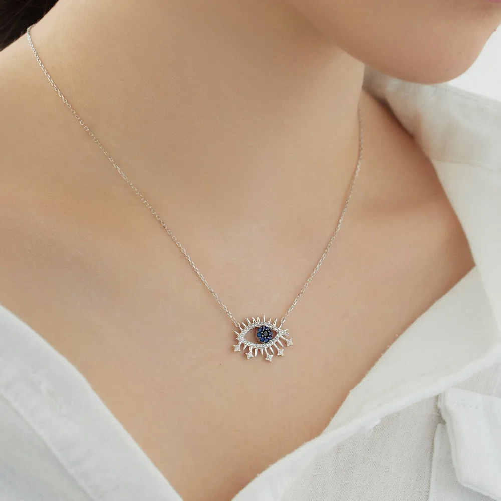 Dylam Belief Protection Symbol Fine Fashion Jewelry Solid S925 Silver Link Chain Evil 5A Zirconia Blue Eyes Pendant Necklace
