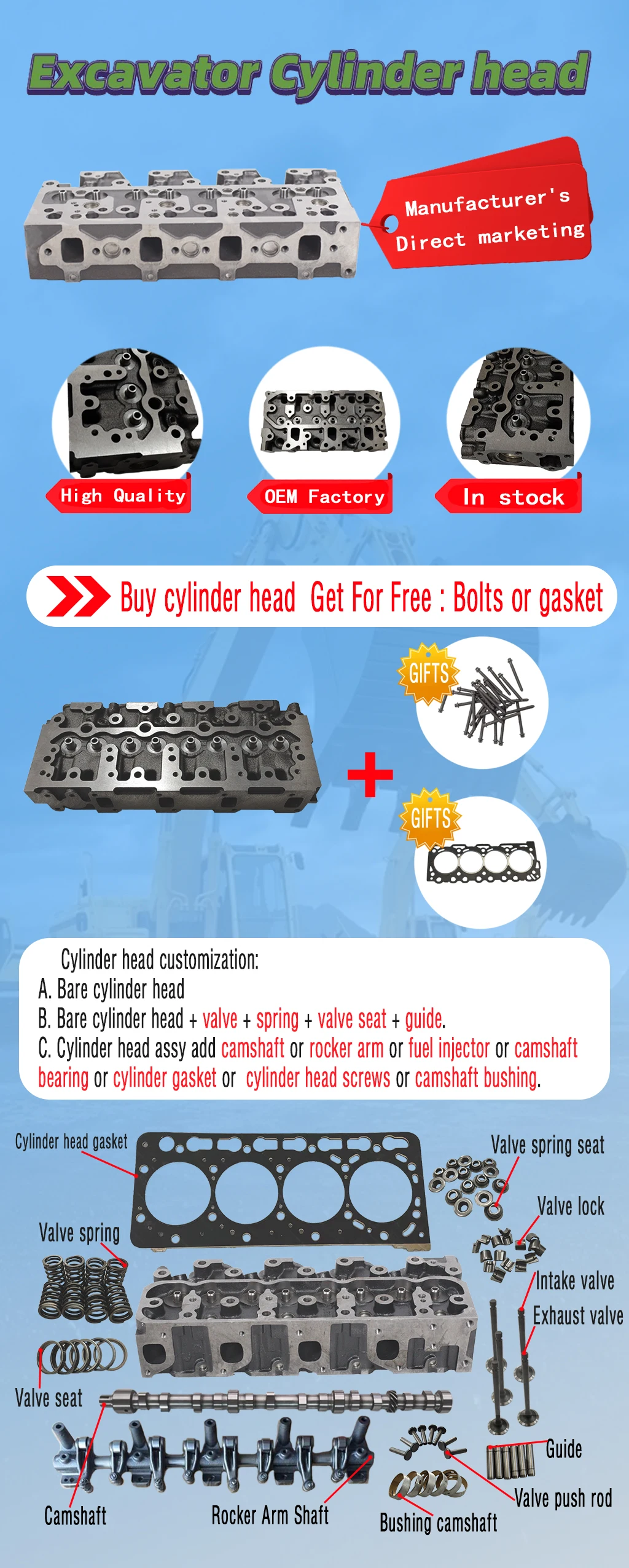 Factory Truck Excavator engine parts Cylinder Head for CAT KOMATSU KUBOTA YANMAR ISUZU CUMMINS Engine repair kit in stock