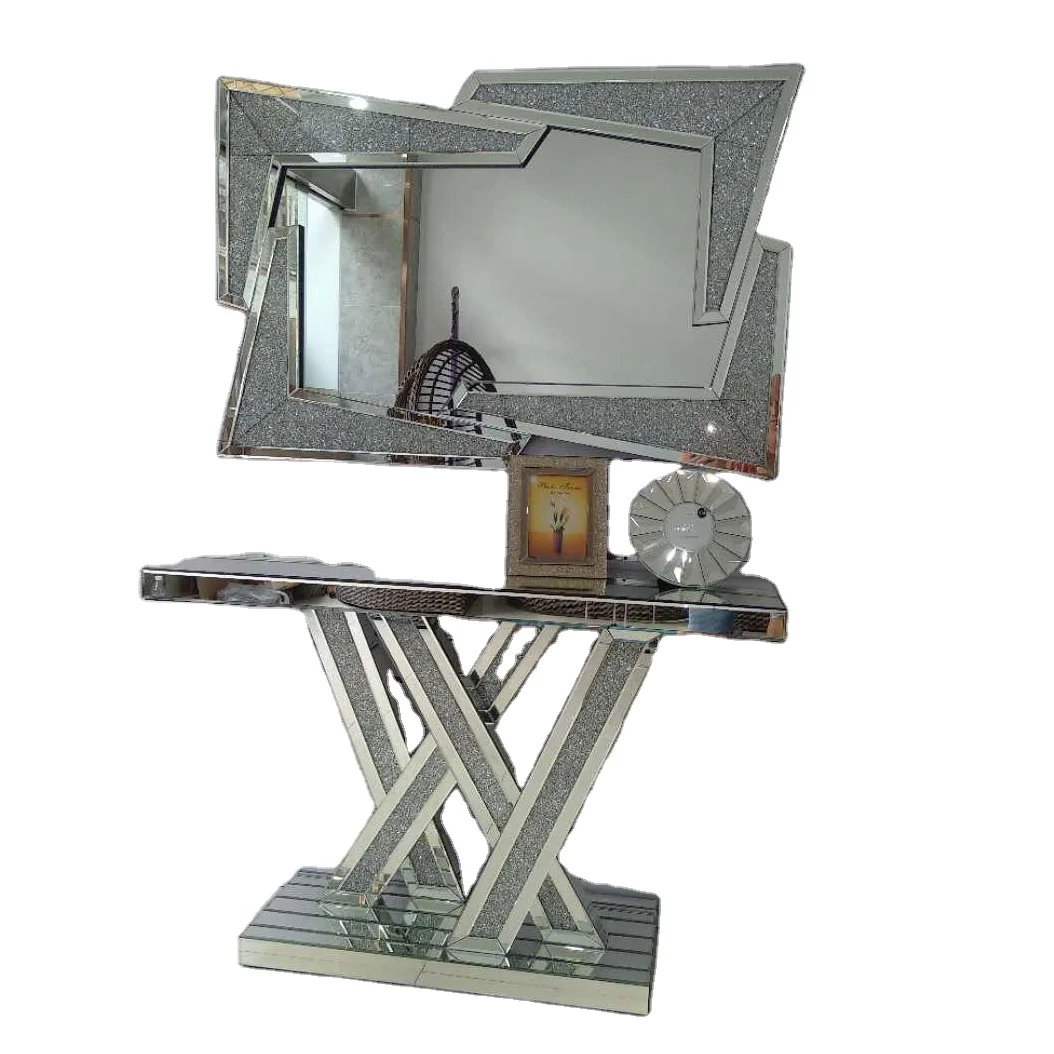 Роскошный Серебряный зеркальный сервант XX формы, консоль с измельченными бриллиантами, стол, боковой стол с зеркалом в комплекте