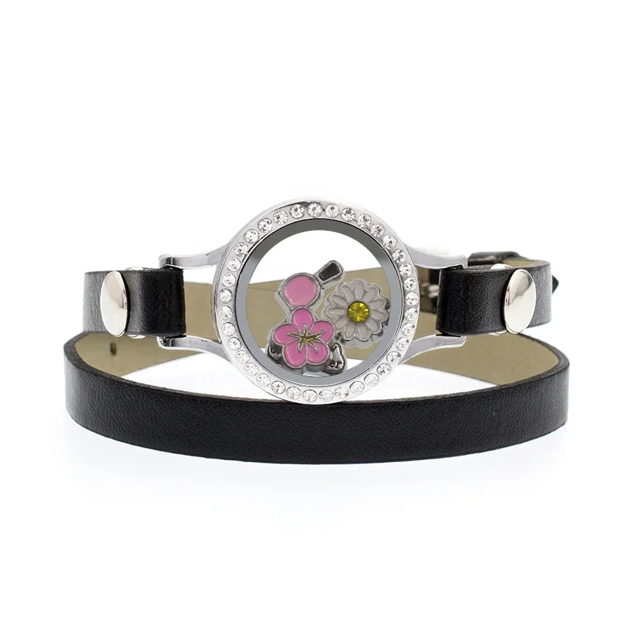 25mm crystal twist screw closure wristband bracelet glass memory lockets with PU band around two wraps fit floating living charm