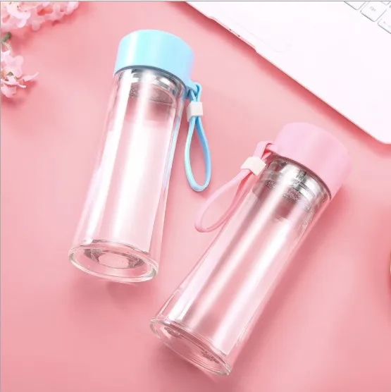 Low MOQ Wholesale High Quality Portable 300ML Double Wall Glass Water Bottle with Tea Filter