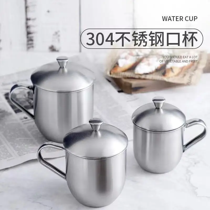 8cm 350ml 9cm 500ml 10cm 700ml 304 Stainless Steel Chinese Style Yat-sen Cup Tea/Milk/Coffee/Water Travel Mug with Handle Lid