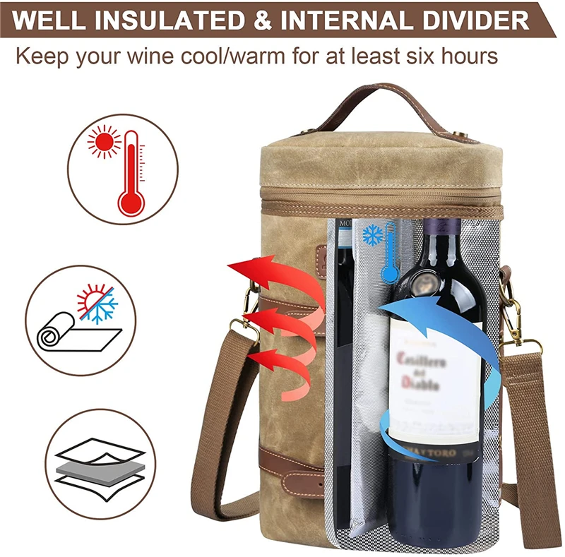 Custom Distressed Waxed Canvas Wine Tote Gift Bag Picnic 2 Bottle Insulated Wine Bag luxury wine bottle bag