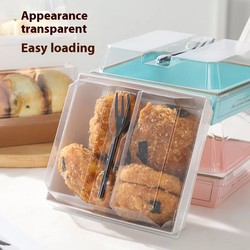 Takeaway Oil Proof Food Box Cake Donut Paper Packaging Dessert Cake Boxes Plastic Lid Cardboard Box with Fork