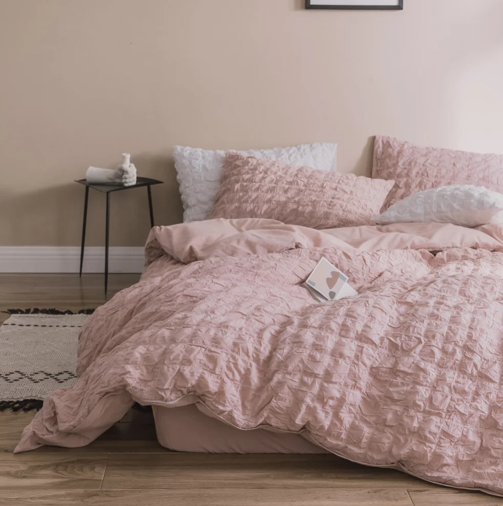 Ins Style 100% pure cotton Seersucker Gauze Girls Cute Duvet cover Bed sheet 4-piecce Bedding Set