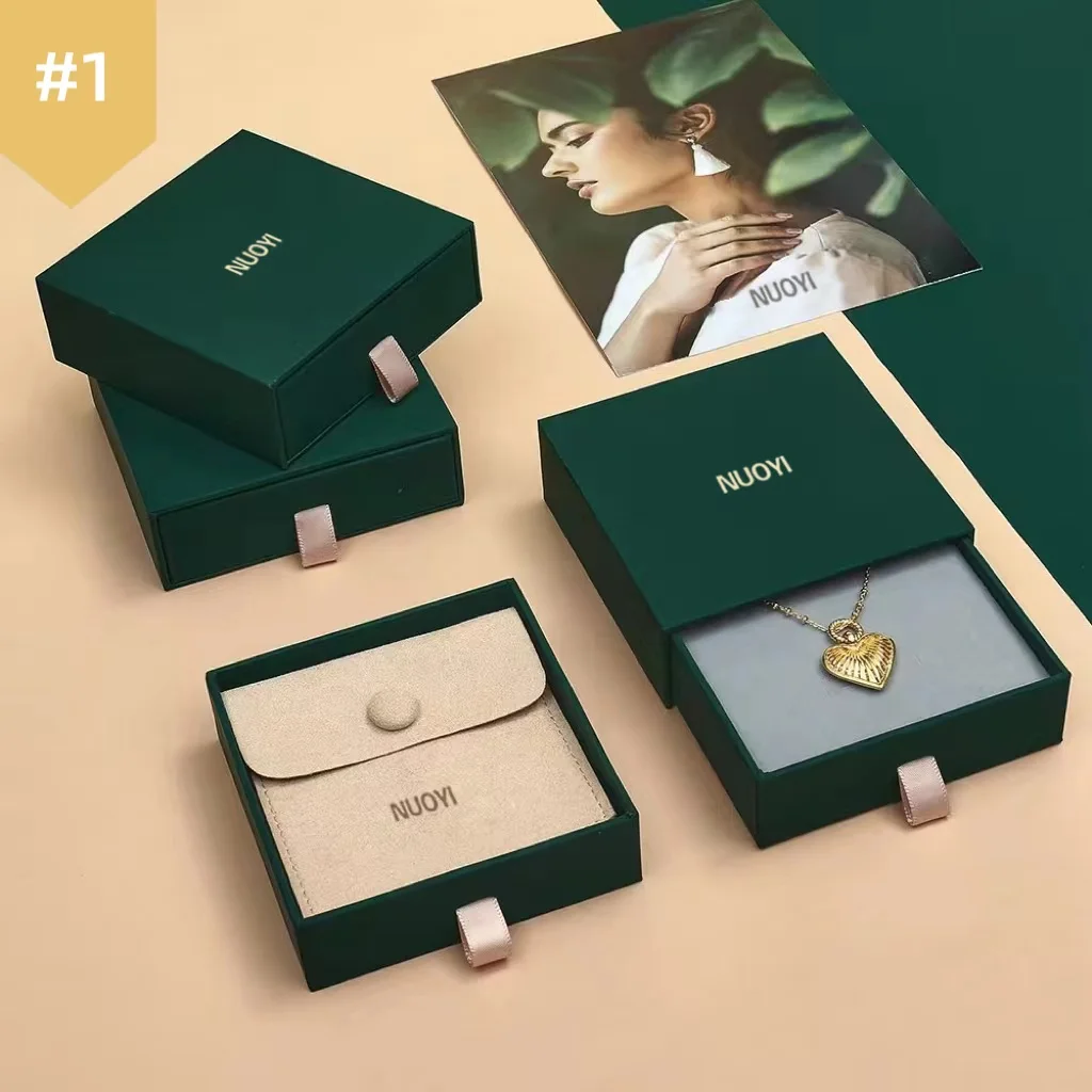 Custom Dark Green Cardboard Paper Sliding Drawer Earring Bracelet Ring Necklace Packaging Jewelry Drawer Box And Bag