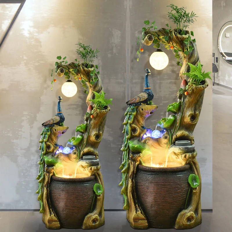 Chinese Style Peacock Zen Rockery Flowing Water Fountain Landscape Fortune-giving Gift Ornaments Root Carving Feng Shui Ball