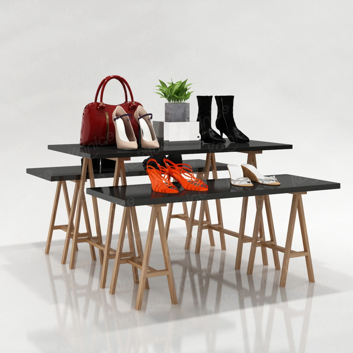 Kainice Store Fixtures Layout Design Shelf Shoe Stand For Display Retail Shelving Wall Mount Shoe Display Rack Handbag Display