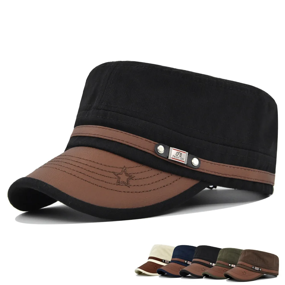 Leather brim flat top baseball cap Embroidered baseball cap sun shade flat cap metal label hat