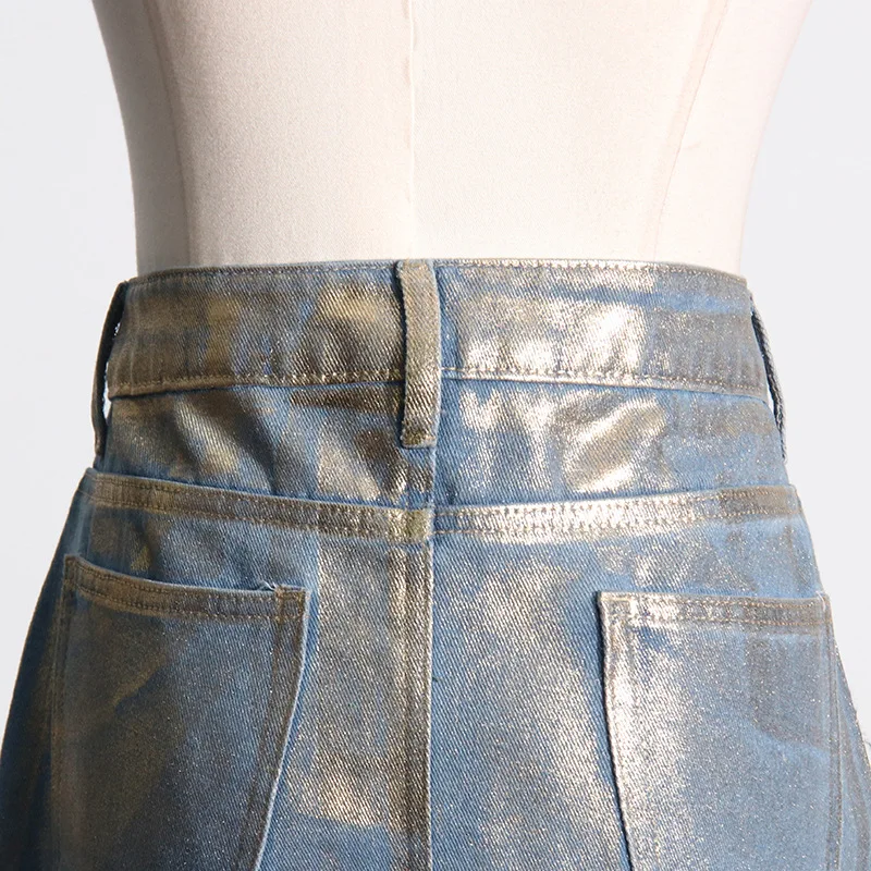 High street casual gold stamping denim skirt long jeans skirts for women