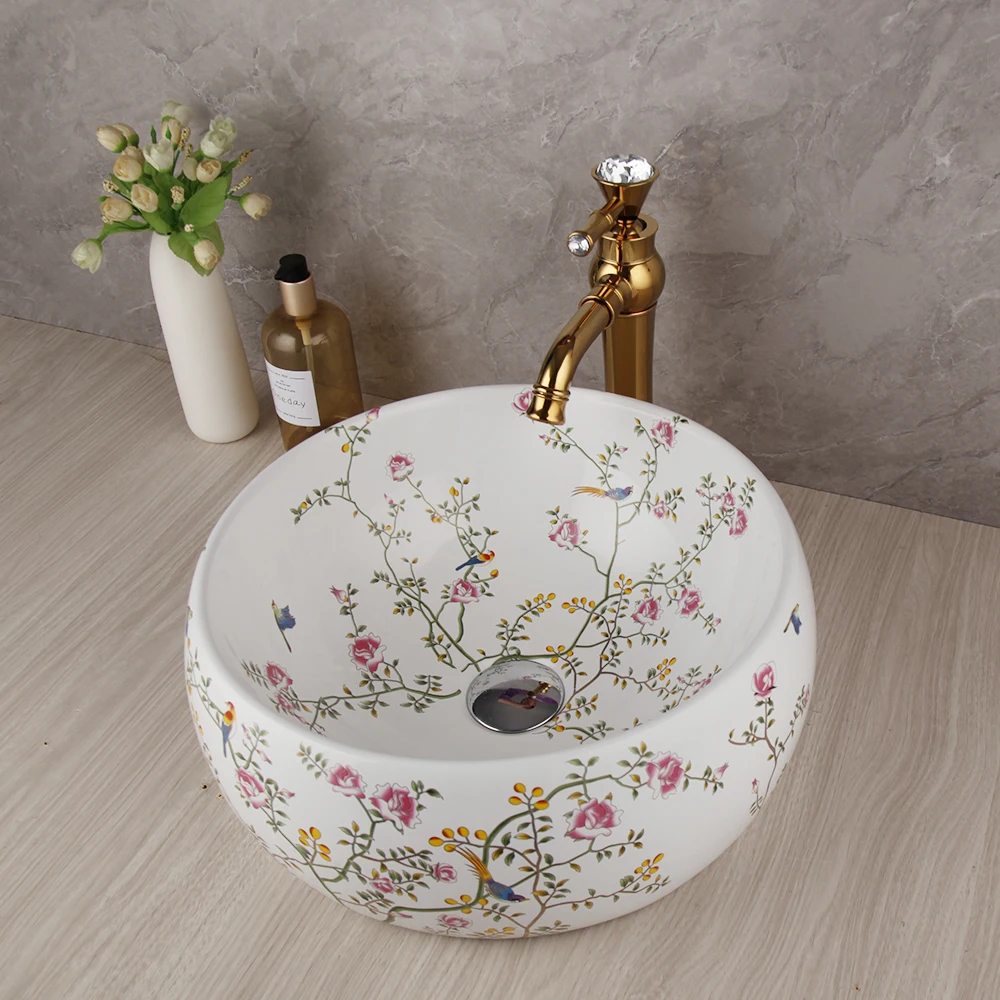 Flower Ceramic Basin Bowl Vanity Vessel Sink Golden Mixer Faucet+Drain Combo Set