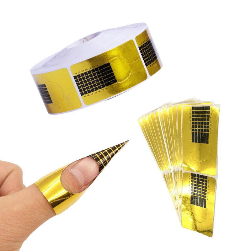 Hot Selling 100Pcs /Roll Thicker High Sticky Gold Dual Long Plastic Nail Form Custom LOGO