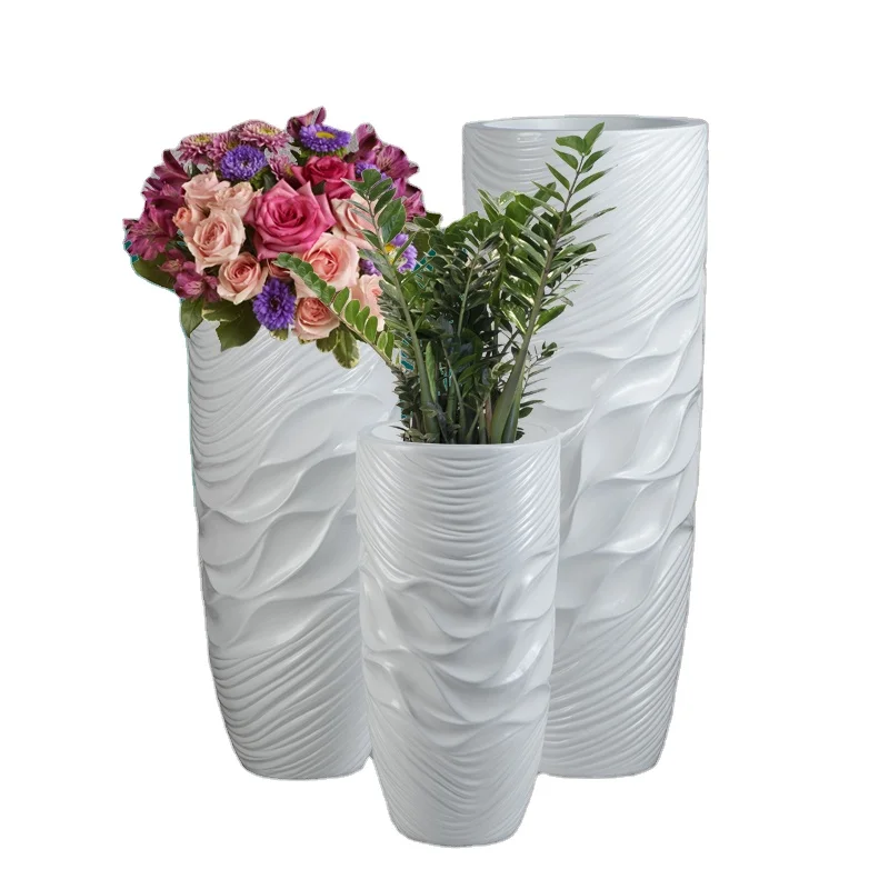 Wavy Pattern Glossy White Fiberglass Floor Vases For Artificial Plants 3 Piece