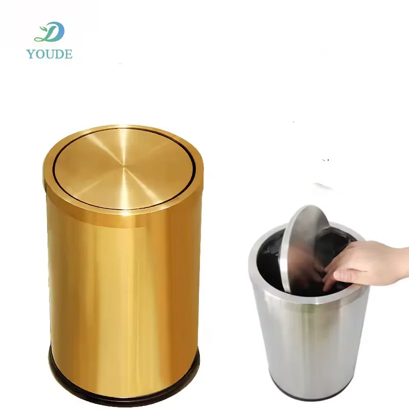 Factory Direct Sales Stainless Steel Trash Can with Lid Golden Spray Paint Trash Can Double-layer Trash Can