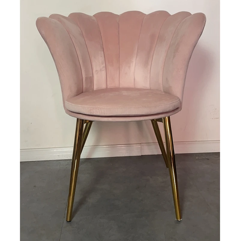 
home furniture modern leisure coffee sofa chair Accent Chair pink velvet Flower Shell Dining Chair with golden metal Legs 