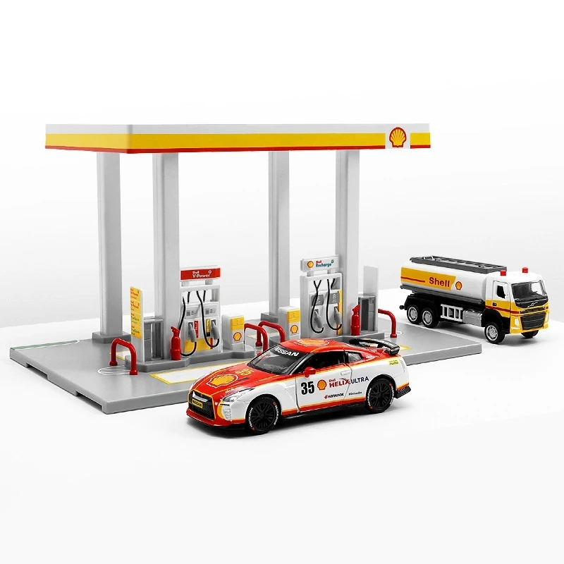 Модель игрушечной машинки для автозаправочной станции CCA 1/64 Gulf Shell, фигурка диорамы 1:64 с 1/43 супер спортивным и 1/72 грузовиком Volvo