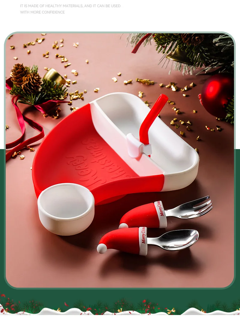 Wholesale  BPA- Free Silicone Strawberry Santa Hat Shapes Soft Baby Divided Dinner Plate Set